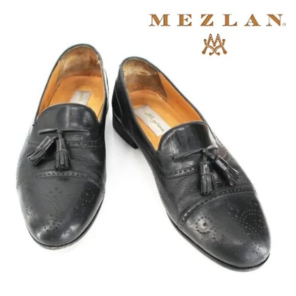 Mezlan Havana Black Deerskin Tassel Loafers Cap Toe Brogue Leather Men’s 10.5